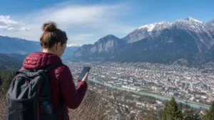 Traveller checking mobile coverage above Innsbruck and the Austrian Alps