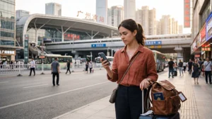 Tourist checking the best mobile network in China