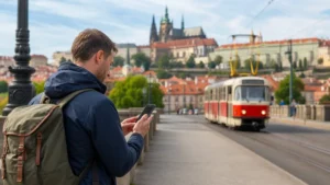 Traveller comparing Czech mobile networks beside a Prague tram route.