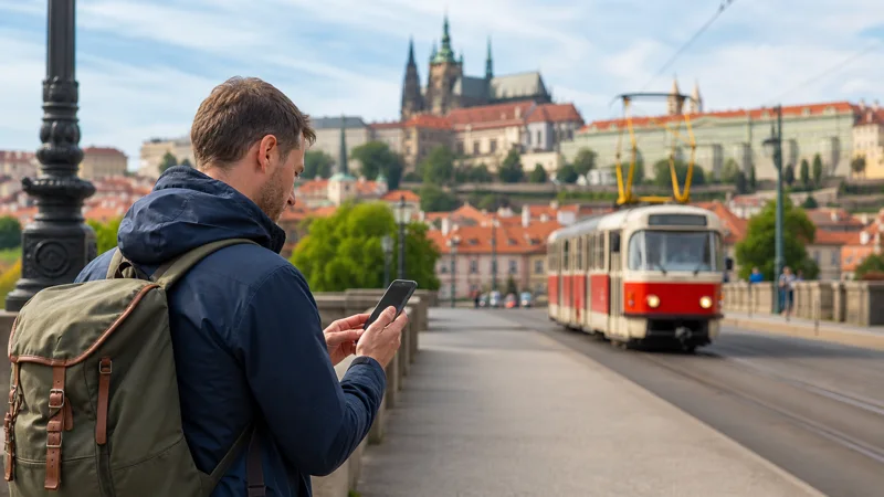 Traveller comparing Czech mobile networks beside a Prague tram route.
