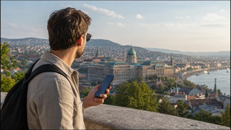 Traveller checking mobile network coverage overlooking Budapest and the Danube