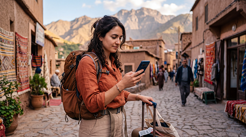 Tourist checking the best mobile network in Morocco