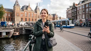 Tourist using a reliable mobile network while travelling in the Netherlands