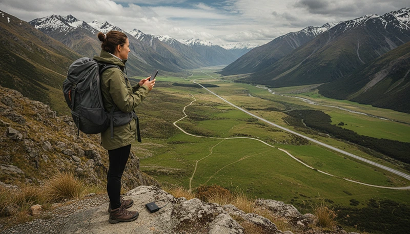 Tourist checking the best mobile network coverage in New Zealand while travelling