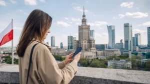 Traveller checking mobile service beside the Warsaw skyline in Poland.