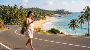 Tourist using a smartphone on Sri Lanka’s southern coast while connected to a local mobile network