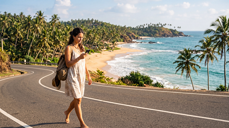 Tourist using a smartphone on Sri Lanka’s southern coast while connected to a local mobile network