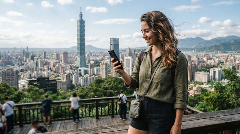 Tourist using a smartphone on a reliable mobile network while travelling in Taiwan