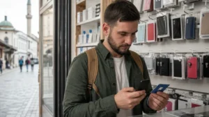 Traveller using a smartphone during best sim card for bosnia and herzegovina in Bosnia and Herzegovina.