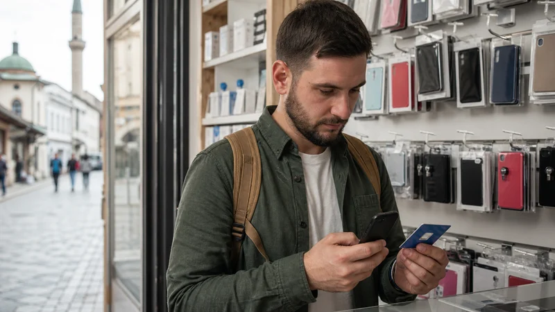 Traveller using a smartphone during best sim card for bosnia and herzegovina in Bosnia and Herzegovina.