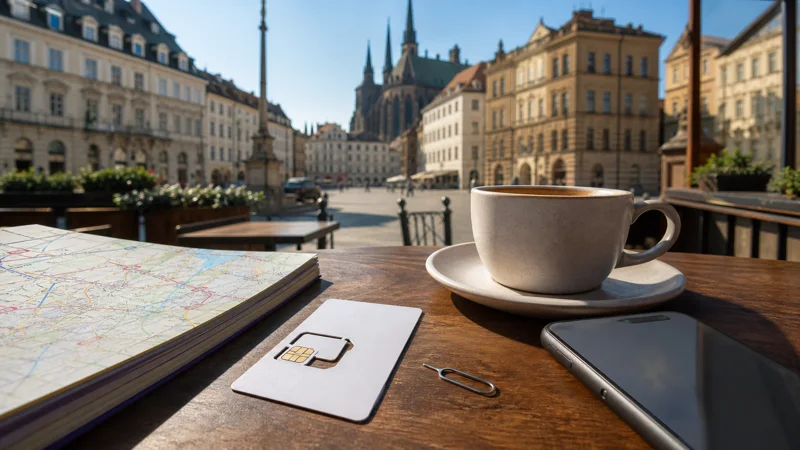 Unbranded tourist SIM card prepared in Brno.