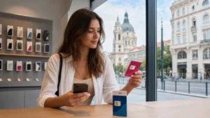 Traveller comparing prepaid SIM cards in a Budapest mobile store