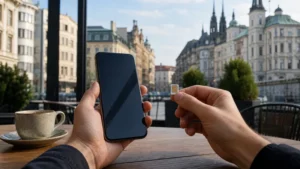 Traveller comparing a physical SIM card and eSIM in Brno.