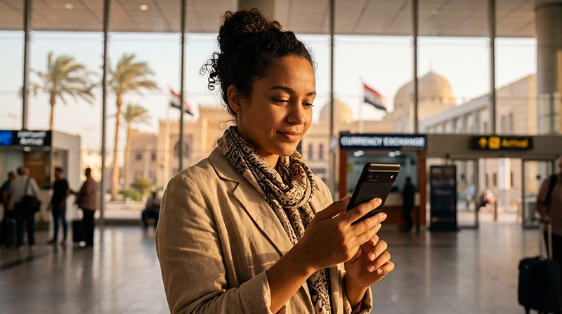 Tourist comparing SIM card and eSIM options for Egypt