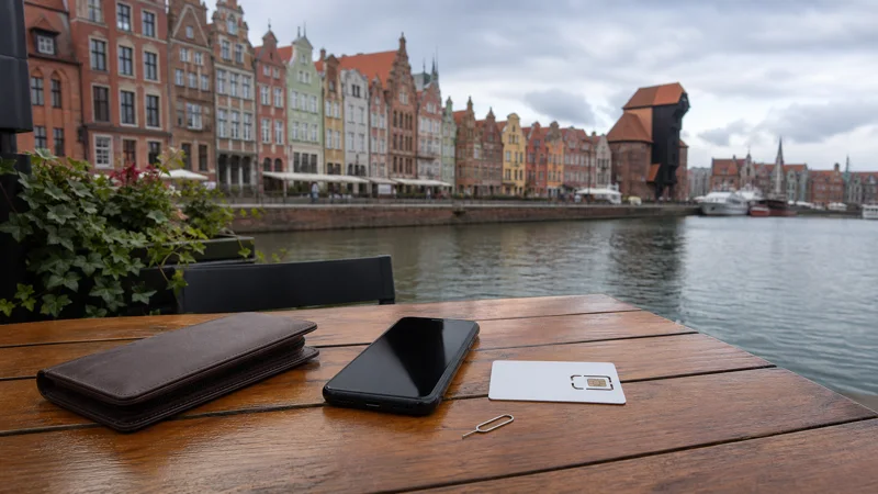 Smartphone and tourist SIM card on a Gdańsk waterfront table.