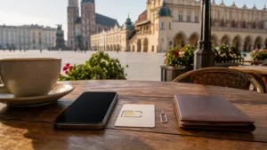 Smartphone and tourist SIM card at a café in Kraków.
