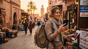 Tourist choosing a SIM card for mobile internet in Morocco