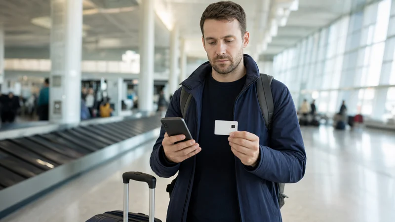 Traveller comparing a smartphone and SIM card option at a Polish airport.