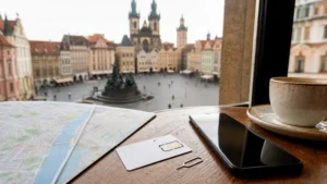 Unbranded tourist SIM card prepared in Prague.