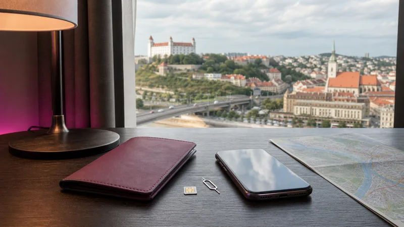 Smartphone, physical SIM card and travel wallet on a Bratislava hotel desk.