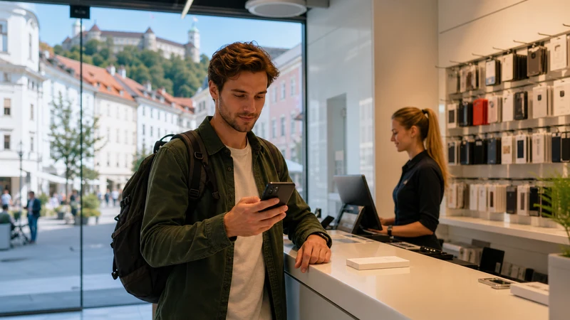 Traveller comparing smartphone connectivity options in a Ljubljana mobile shop.