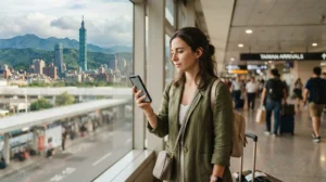 Traveller comparing a Taiwan SIM card and eSIM before a trip
