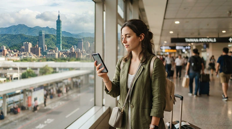 Traveller comparing a Taiwan SIM card and eSIM before a trip