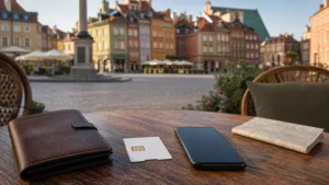 Traveller comparing a SIM card and smartphone in central Warsaw.