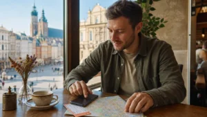Traveller organising Poland travel apps on a smartphone beside a city map.