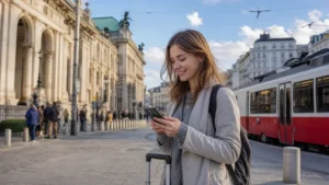 Traveller using a smartphone beside a tram in central Vienna, Austria