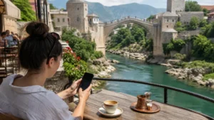 Traveller using a smartphone during best way to get internet in bosnia and herzegovina while travelling in Bosnia and Herzegovina.