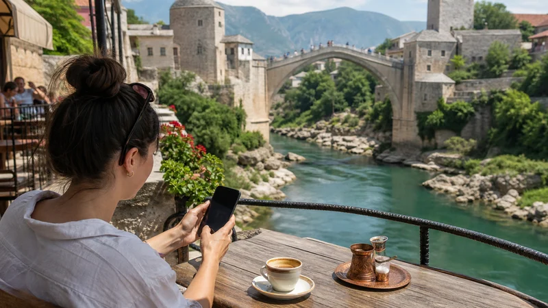 Traveller using a smartphone during best way to get internet in bosnia and herzegovina while travelling in Bosnia and Herzegovina.
