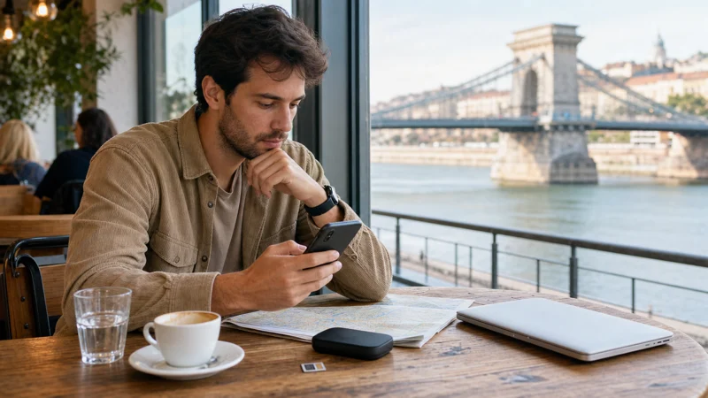 Traveller comparing internet options in a Budapest cafe overlooking the Chain Bridge