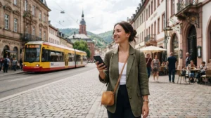 Traveller using a smartphone to access the internet during a trip through Germany