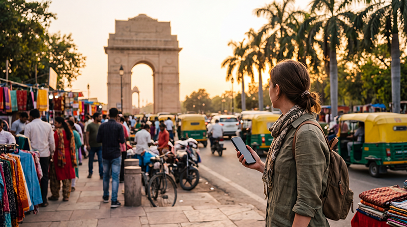 Traveler using the best internet option in India with a travel eSIM