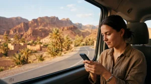 Tourist using mobile internet while traveling in Morocco