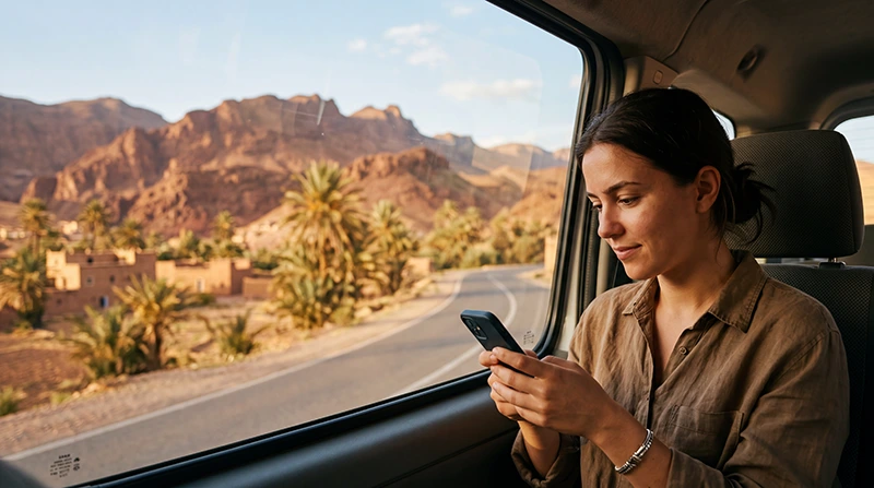 Tourist using mobile internet while traveling in Morocco