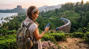 Traveler using mobile internet while exploring Sri Lanka
