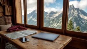 Smartphone and laptop prepared for connectivity in a High Tatras mountain lodge.
