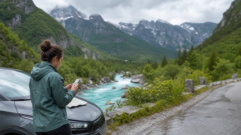Traveller checking mobile internet beside a car in Slovenia’s Soča Valley.
