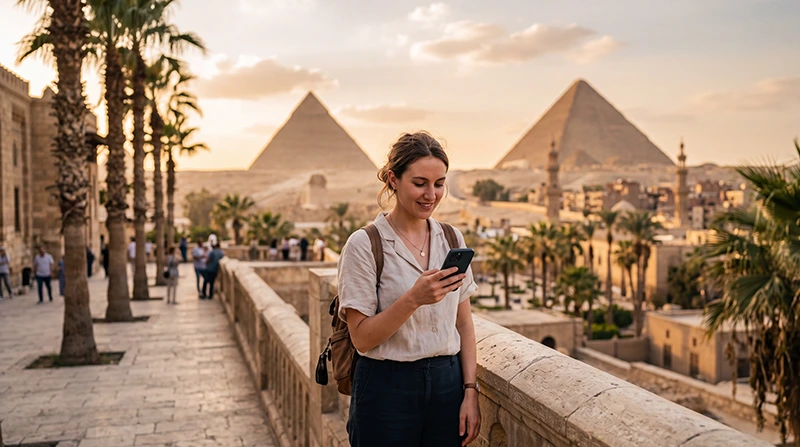 Tourist using mobile internet while traveling in Egypt