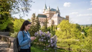 Tourist using a smartphone in the park near Bojnice Castle.