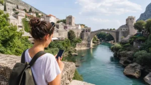 Traveller using a smartphone during bosnia and herzegovina esim on android in Bosnia and Herzegovina.