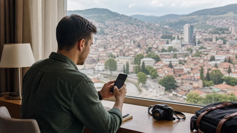 Traveller using a smartphone during bosnia and herzegovina esim apn settings in Bosnia and Herzegovina.