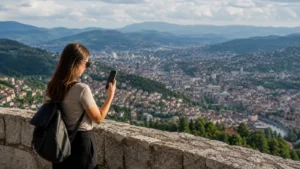 Traveller using a smartphone during bosnia and herzegovina esim coverage in Bosnia and Herzegovina.