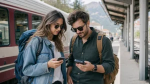 Traveller using a smartphone during bosnia and herzegovina esim vs pocket wifi in Bosnia and Herzegovina.