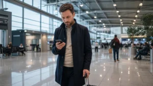 Arriving passenger checking a smartphone inside the terminal at Bratislava Airport.