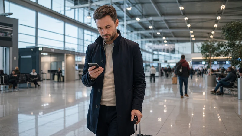 Arriving passenger checking a smartphone inside the terminal at Bratislava Airport.