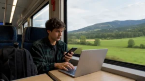 Traveller using a laptop and smartphone on a train from Bratislava to Košice.