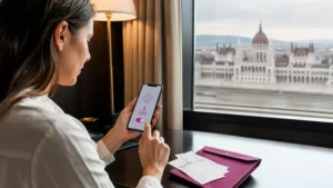 Traveller reviewing roaming charges and data settings in Budapest